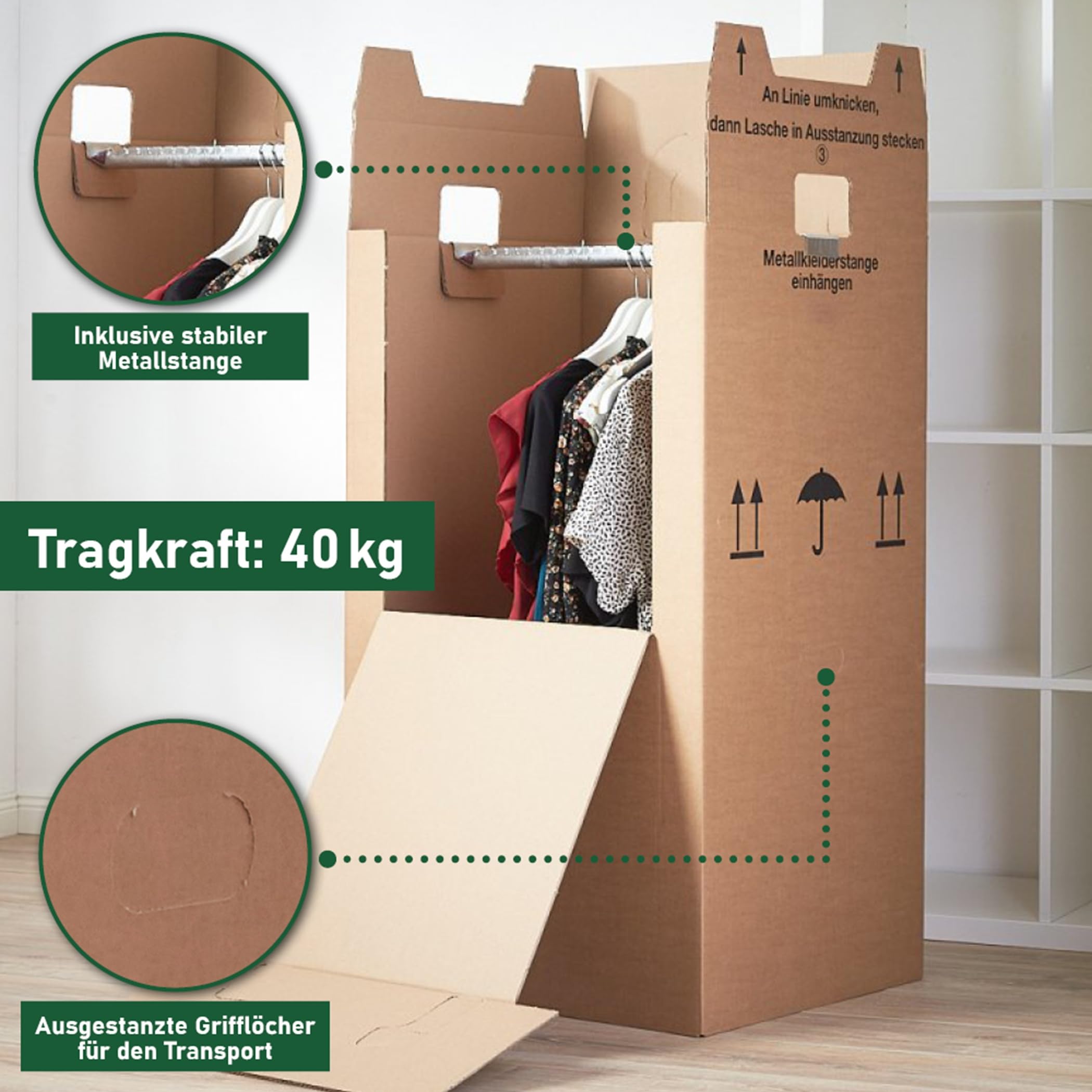 BB-Verpackungen 4x Kleiderbox MINI 612 x 522 x 1020 mm 2-wellig (4 Stück) - praktischer Kleiderkarton mit Metallstange, einfach aufzubauen und 40kg Traglast