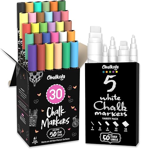 Paquete de 30 tizas de punta fina + 5 marcadores variados blancos