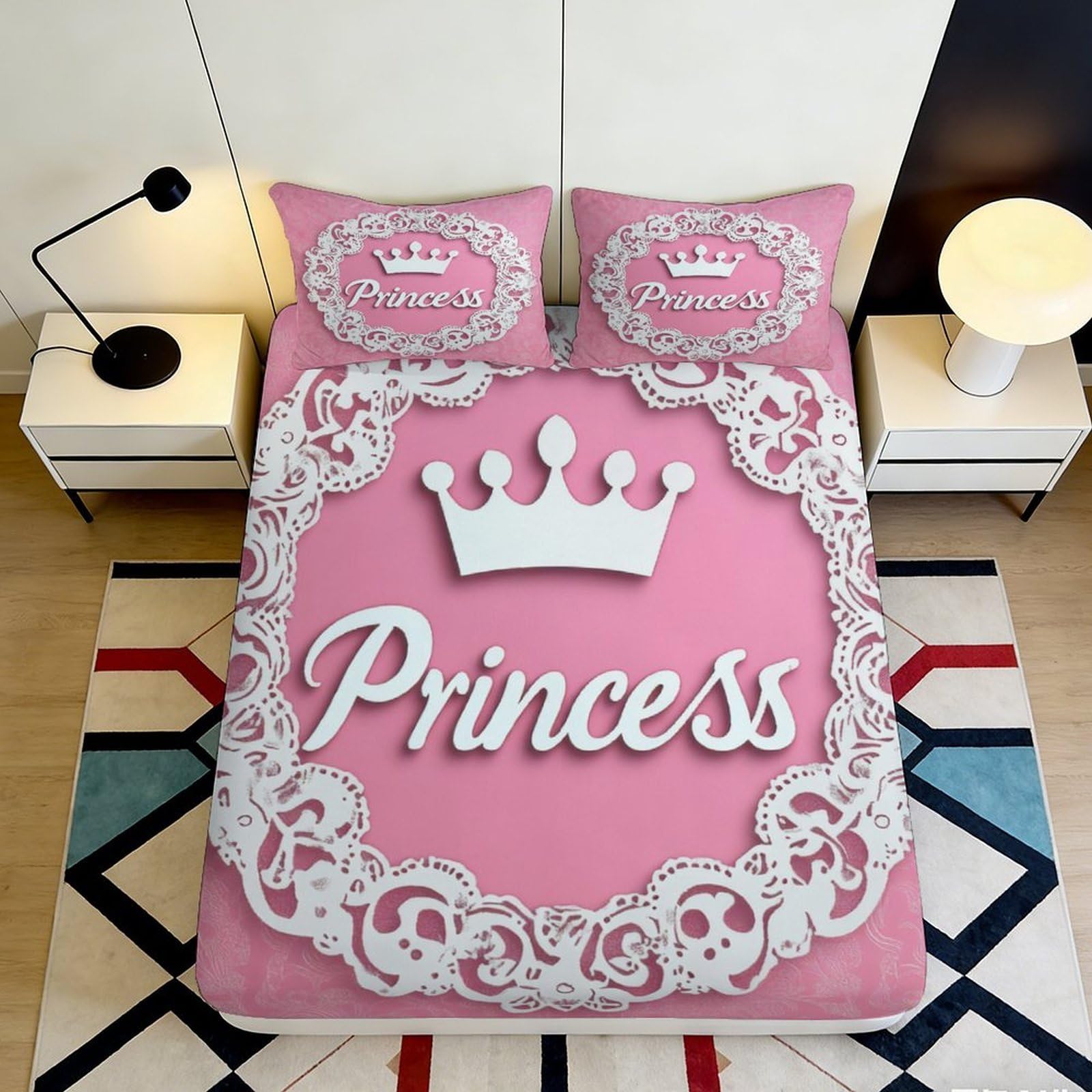 3D Printed Pink Princess Crown Fitted Sheet Microfiber Soft Decorative Bed Cover for Bedroom Dorm Guest Room Mattress Protection 90x200x25cm