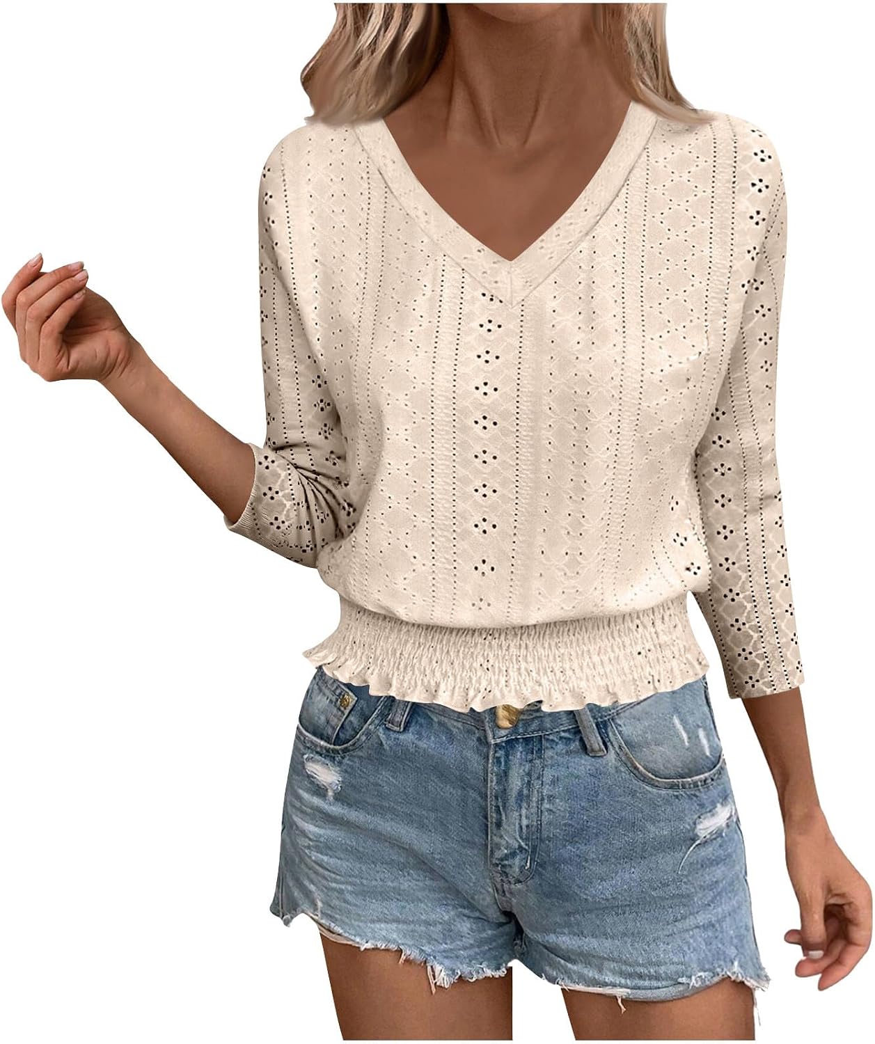 3/4 Length Sleeve Womens Tops Fall Eyelet V Neck T Shirts Fashion Smocked Hem Crop Tops Dressy Casual Tunic Top