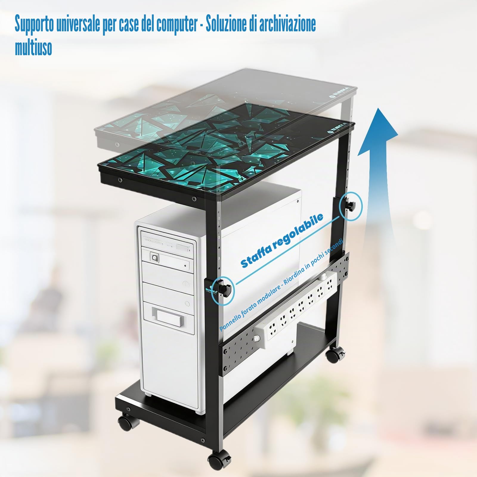 Supporto per PC da posizionare sotto la scrivania, supporto a due ripiani regolabile in altezza con rotelle, supporto metallico resistente per case ATX fino a 55 kg