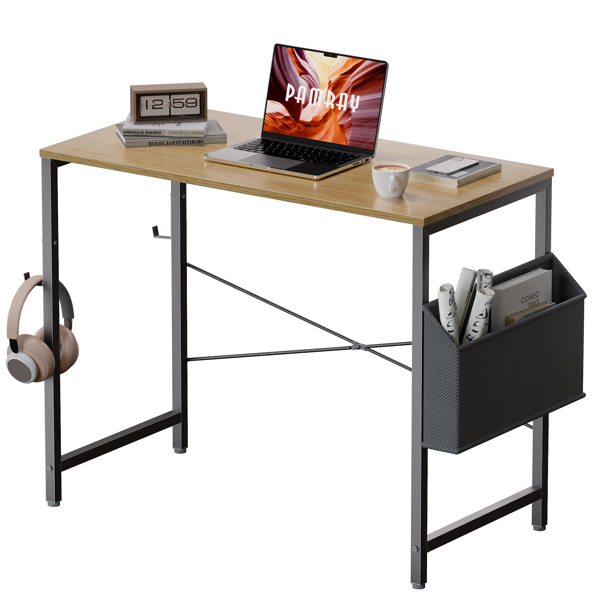 Pamray 32 Inch Small Spaces Computer Desk with Storage Bag Study Table Desk for Bedroom Writing and Work Small Home Office Desk Walnut