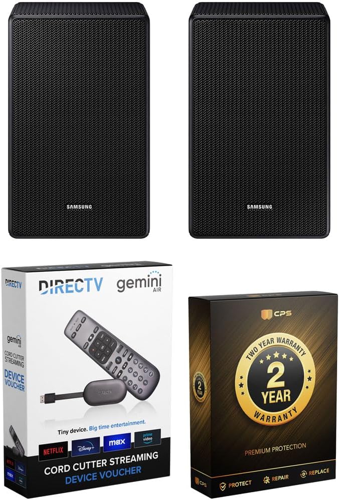 Samsung SWA-9500S/ZA Wireless Rear Speaker Kit with Dolby Atmos for Soundbar Surround Sound Bundle with Redeemable DIRECTV Gemini Air Streaming Device and Premium 2 YR CPS Enhanced Protection Pack
