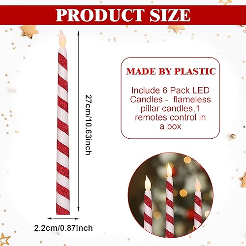 Miniatura 3 de Baquler 6 velas cónicas sin llama de bastón de caramelo que funcionan con pilas, velas LED de Navidad de 10.6 pulgadas con temporizador remoto,