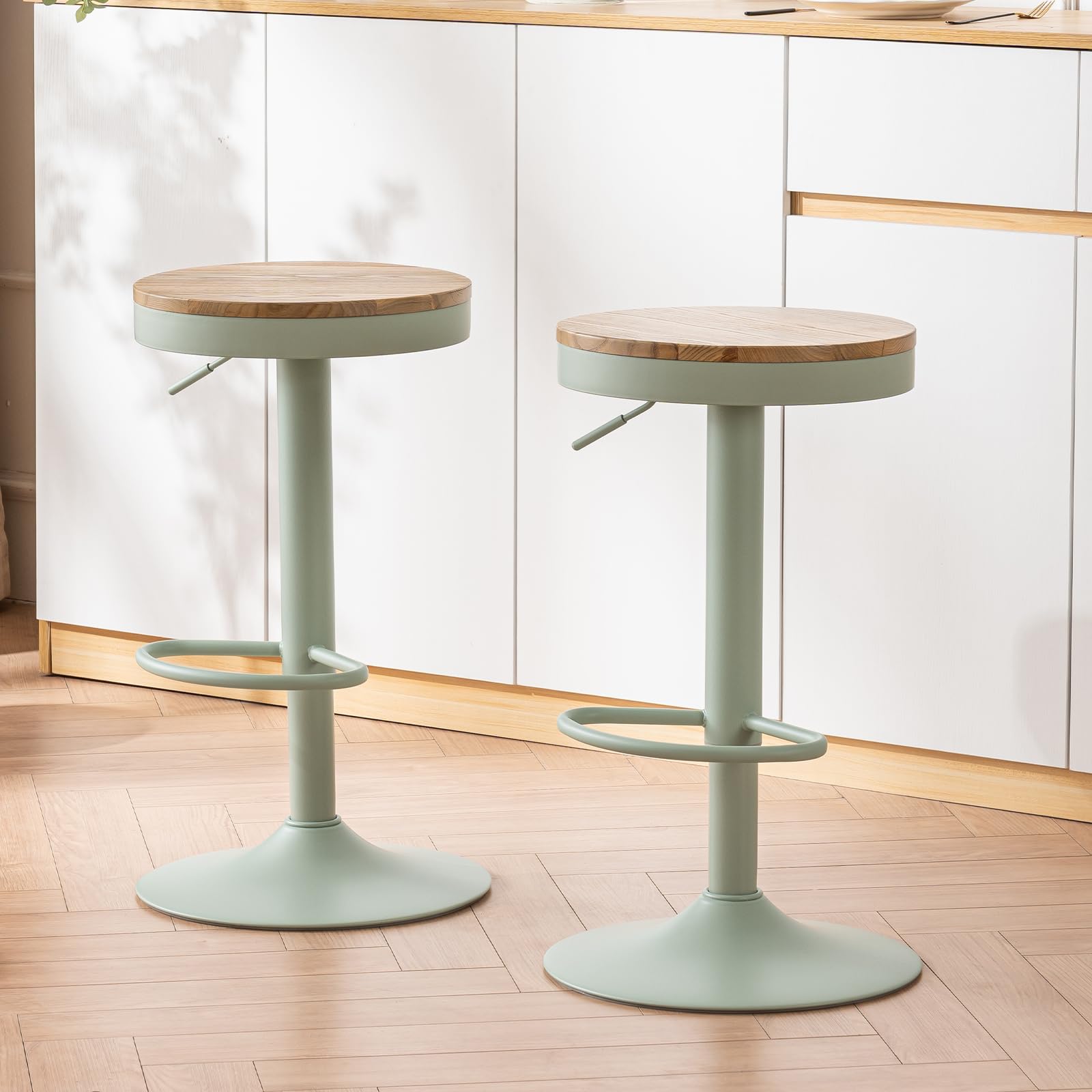 Kidol & Shellder Barhocker 2er Set Minzgrün, Höhenverstellbar 56-80cm, Drehbar, Ohne Lehne, Holz Sitzfläche, Mit Fußrasten, Küchenbarhocker