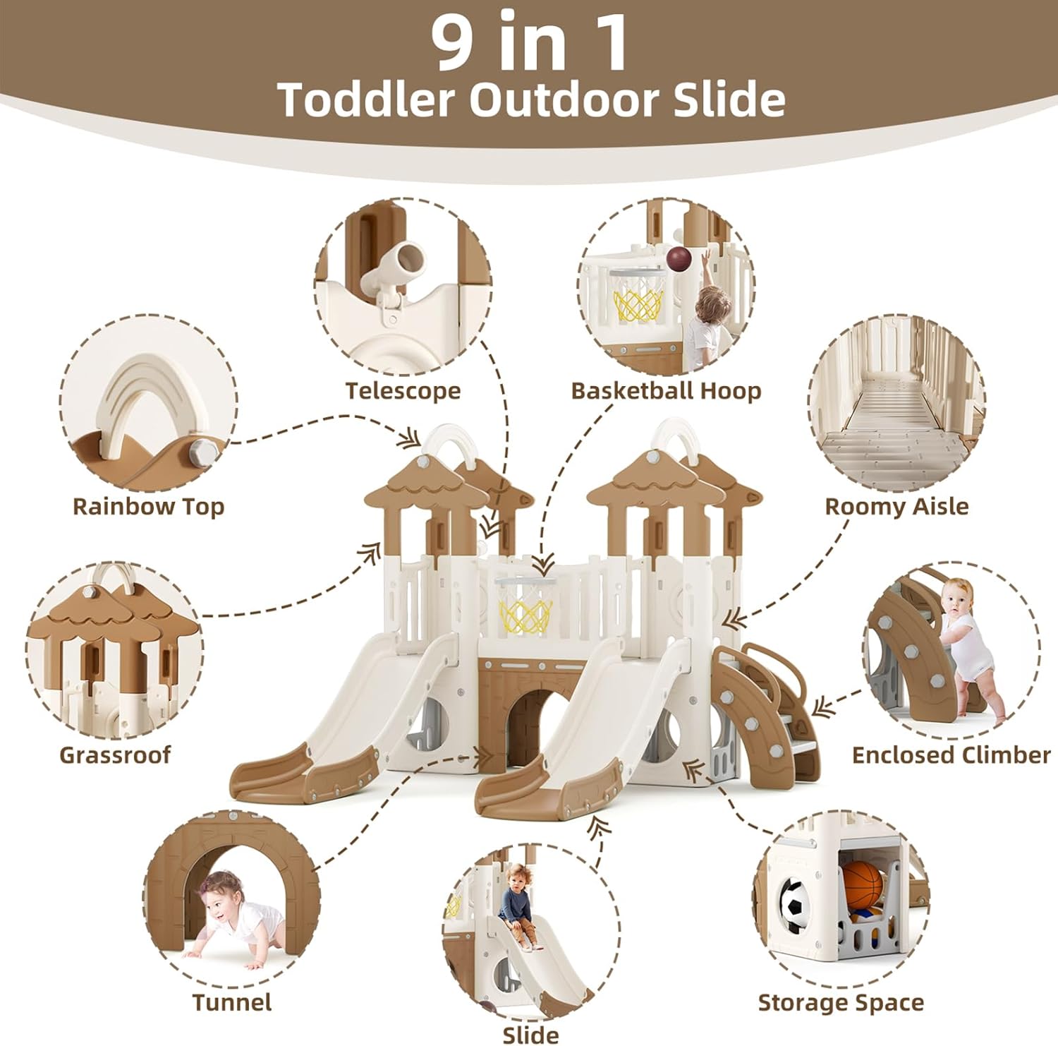 KORIMEFA 10-in-1 Toddler Slide Playset, Double Slide Indoor/Outdoor Playground for Toddlers Age 1-3 with Basketball Hoop, Telescope and Climbing Steps, Forest Themed Brown
