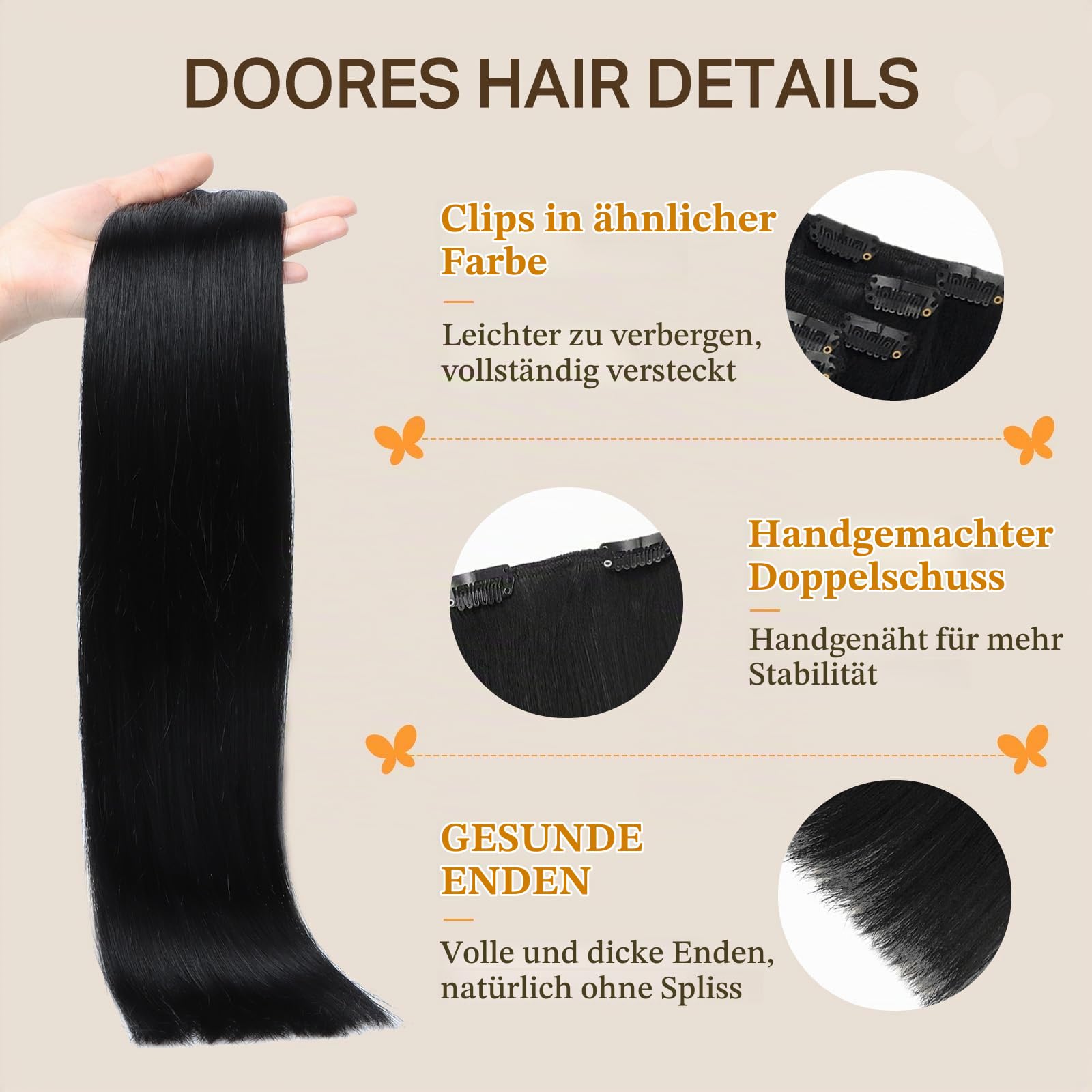 DOORES Clip in Extensions Echthaar, Tief Schwarz 35cm 14 Zoll 7 Stück 120g Echthaar Extensions Clip Gerade Extensions Echthaar Natürliche Echthaar Extensions | Echte Remy-Clip-Ins, unsichtbar, nahtlos, für Damen, Alltag, Hochzeit, Tiefschwarz, 35,6 cm, 10