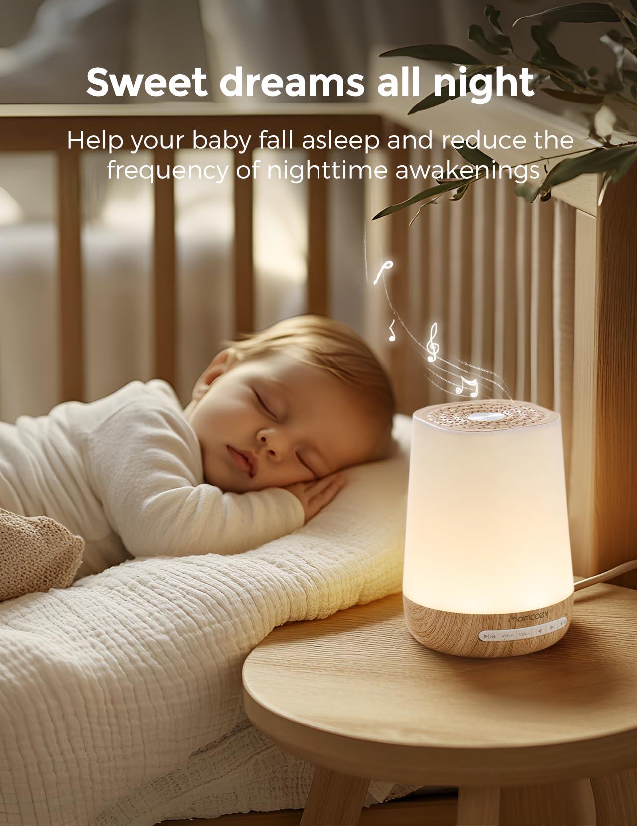 Momcozy Baby White Noise Sound Machine, App Control Sleep Soother | 34 spokojne audio, 7-kolorowa lampa, timer, niestandardowa rutyna na dobranoc, trener malucha i gra dotykowa, słoje drewna