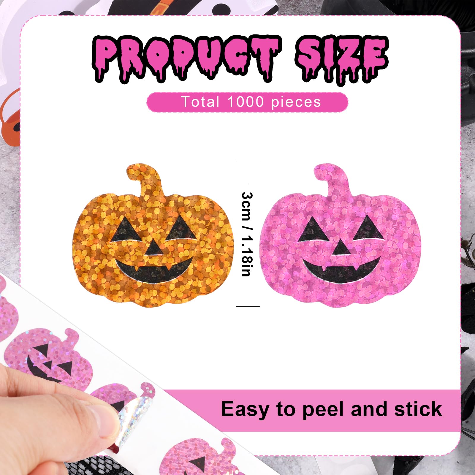 1 000 Autocollants Halloween Citrouille Scintillants - 2 Rouleaux Rose & Orange, Imperméables, Pour Scrapbooking, Fête, Loisirs Créatifs - 6