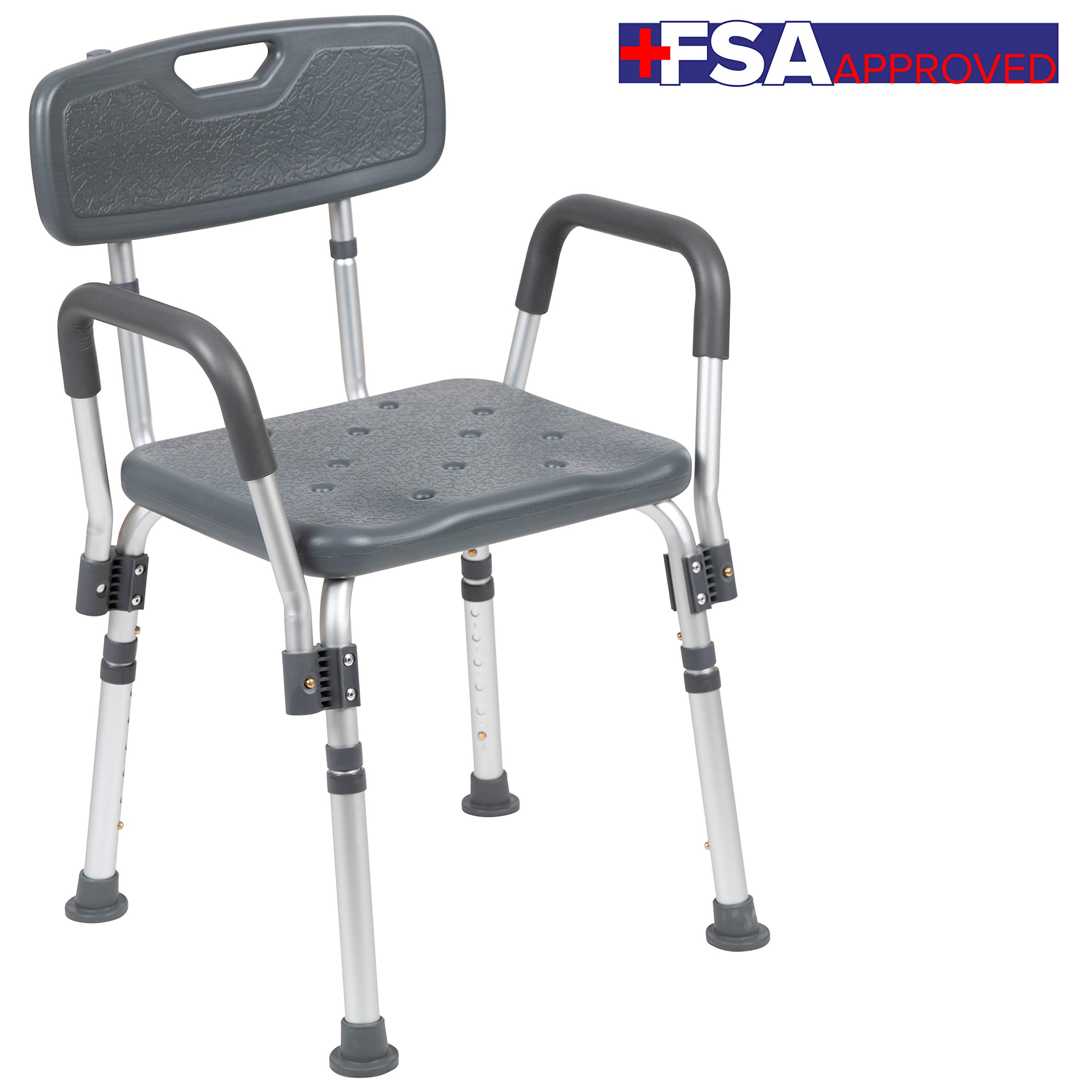 Flash Furniture Hercules Series - Silla de baño y Ducha de 300 Libras de Capacidad Ajustable Gris con Respaldo y Brazos de liberación rápida