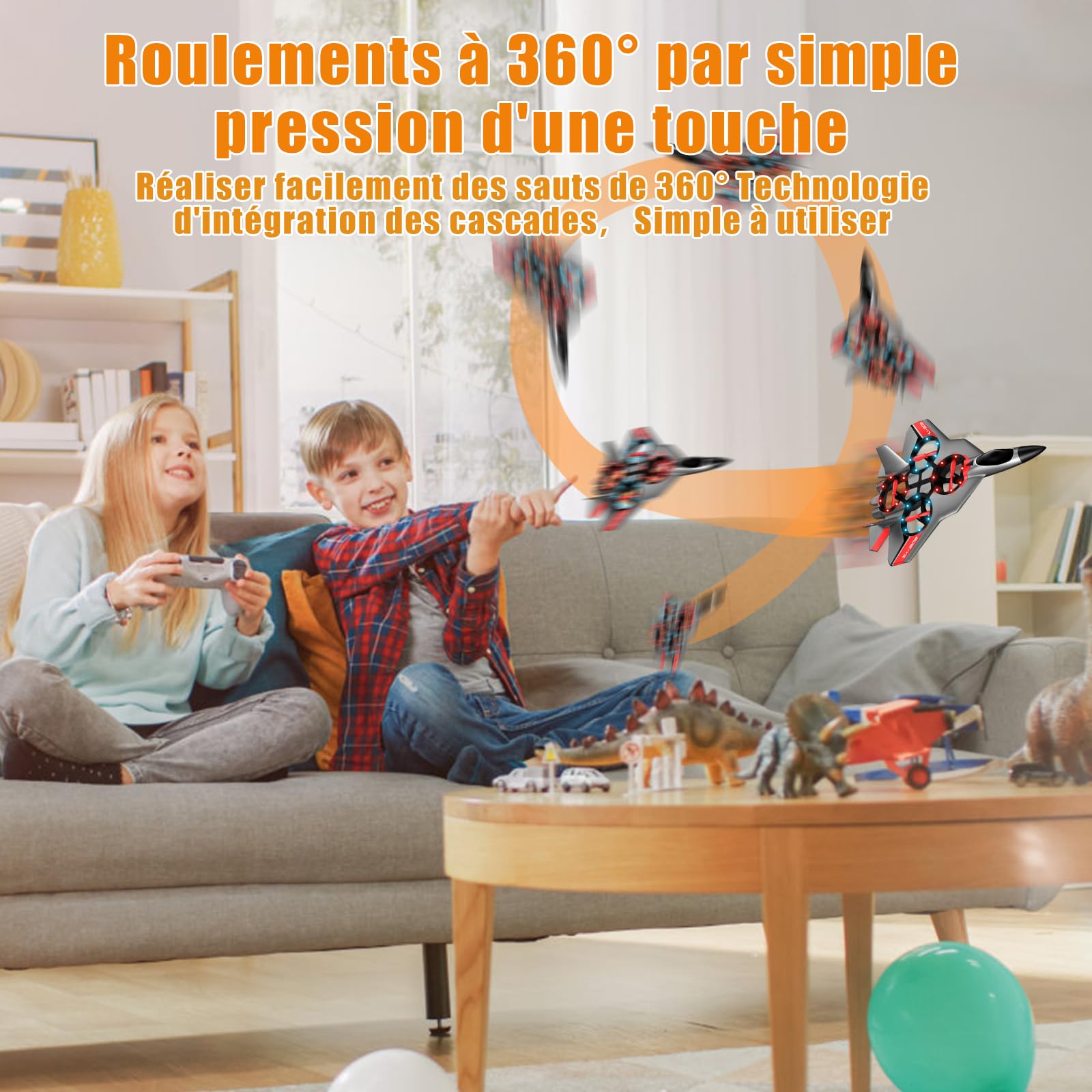 JONRRYIN Avion Télécommandé 2,4 GHz RC avec LED Gyroscopique 6 Axes Planeur Volant Jouet Enfants (Gris)