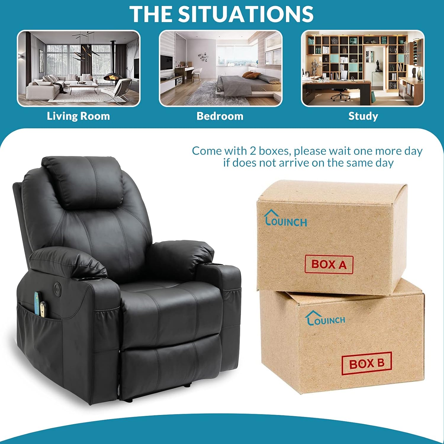 Power Lift Recliner Chair for Elderly, Electric Massage Heated Recliner, Faux Leather Lift Chair with 2 Remote Controls, USB Ports, Cup Holders & Side Pockets for Living Room (Black)