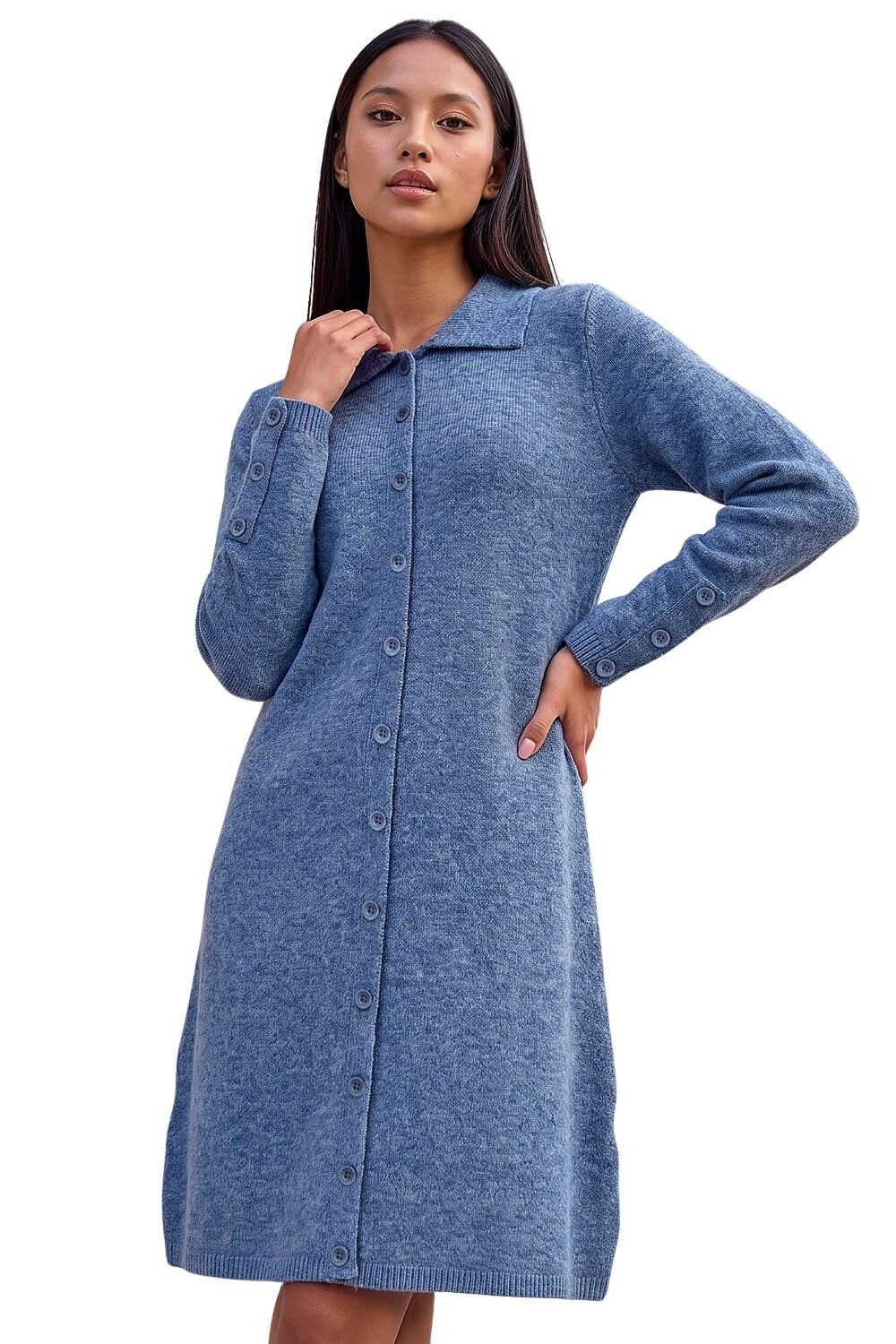 Roman Women's Petite Collared Knit Shift Dress in Blue | Size: 14