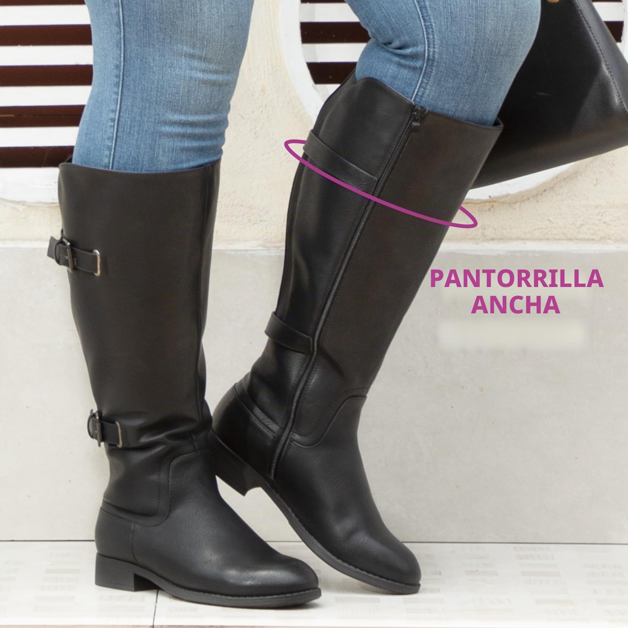 Botas clásicas de caña ancha con tacón plano y doble hebilla trasera elásticas para mujer