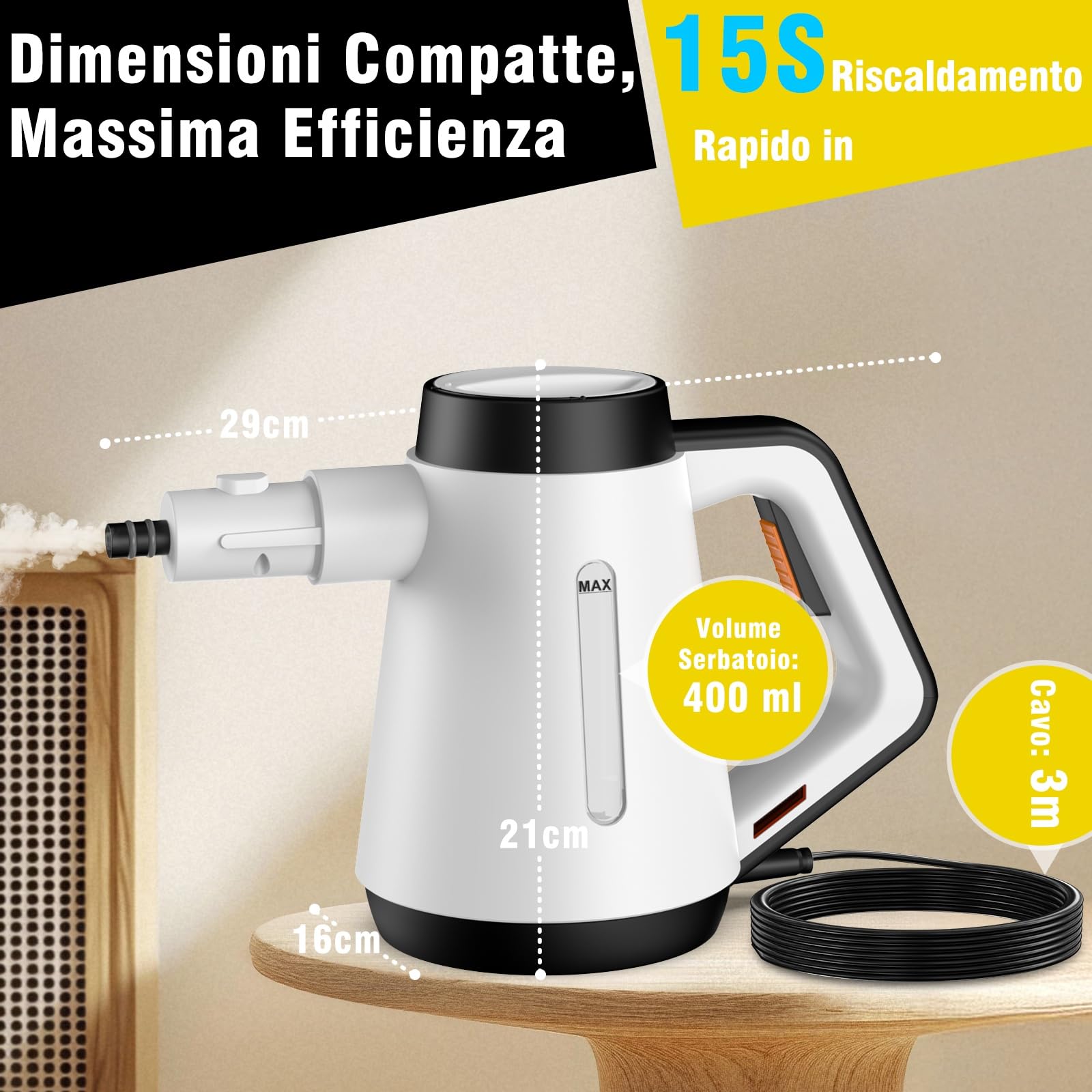 Fippesax Pulitore a vapore manuale, 400 ml, pulitore a vapore multiuso con 9 accessori, pulitore a vapore senza sostanze chimiche per uso domestico, pulizia di pavimenti, piastrelle, finestre, divani
