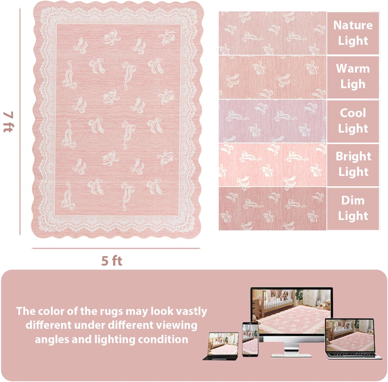 ORTIGIA 5x7 Scalloped Area Rug for Living Room, Pink Washable Low Pile Non Slip Rug with Bow Large Carpet for Girl Nursery Bedroom Playroom Dining Room Home Indoor Decor