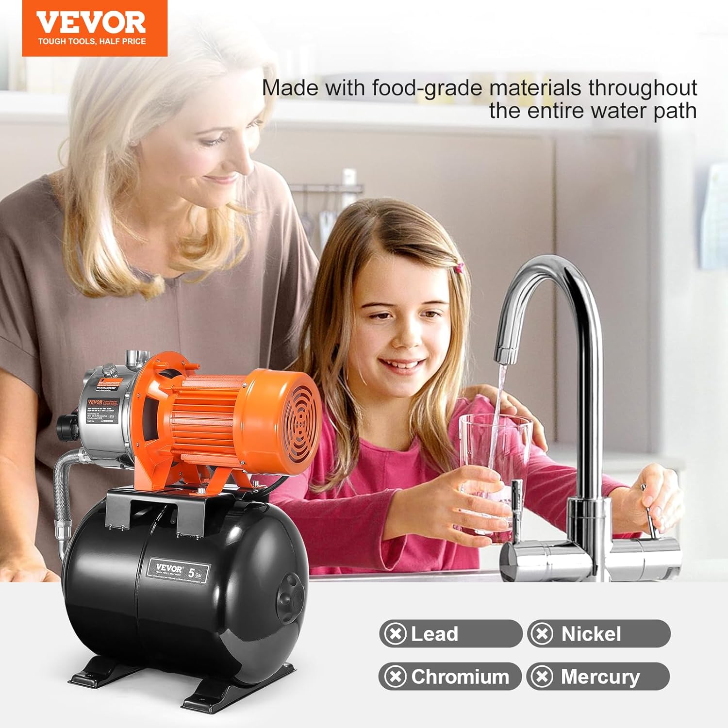VEVOR 1.6 HP Shallow Well Pump with Pressure Tank, 1320 GPH, Automatic Irrigation Water Booster Pump with 30/50 PSI Pressure Switch for Home Garden Lawn, Certification for Drinking Water Security 1.6 HP with Tank