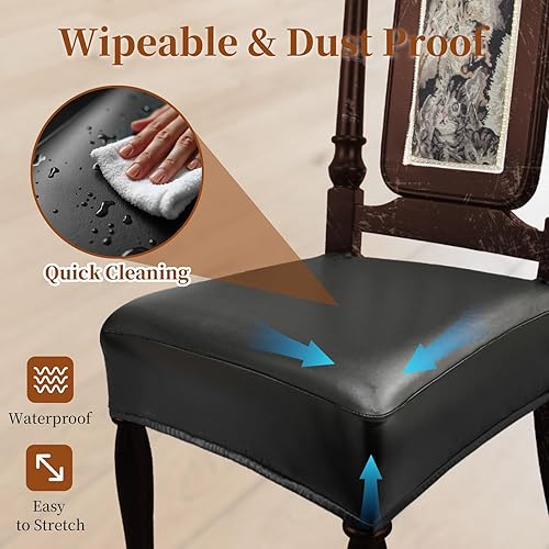 Miniatura 2 de Juego de 6 fundas de asiento impermeables para sillas de comedor, fundas de asiento de cocina de cuero, resistentes a las manchas, fundas elásticas