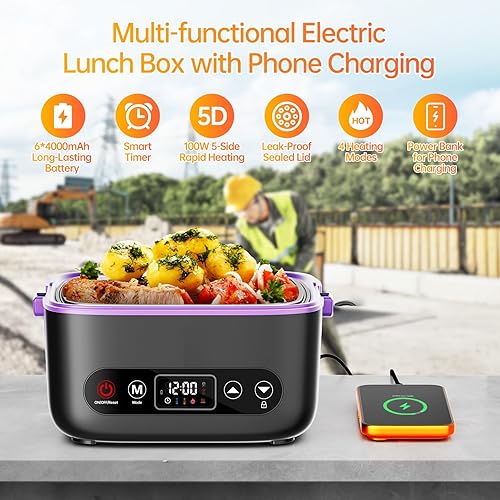 Miniatura 5 de Lonchera eléctrica inalámbrica con calefacción, calentador de alimentos portátil de 2 x 1.2 L, tecnología de calor envolvente 5D, 6 x 4000 mAh,