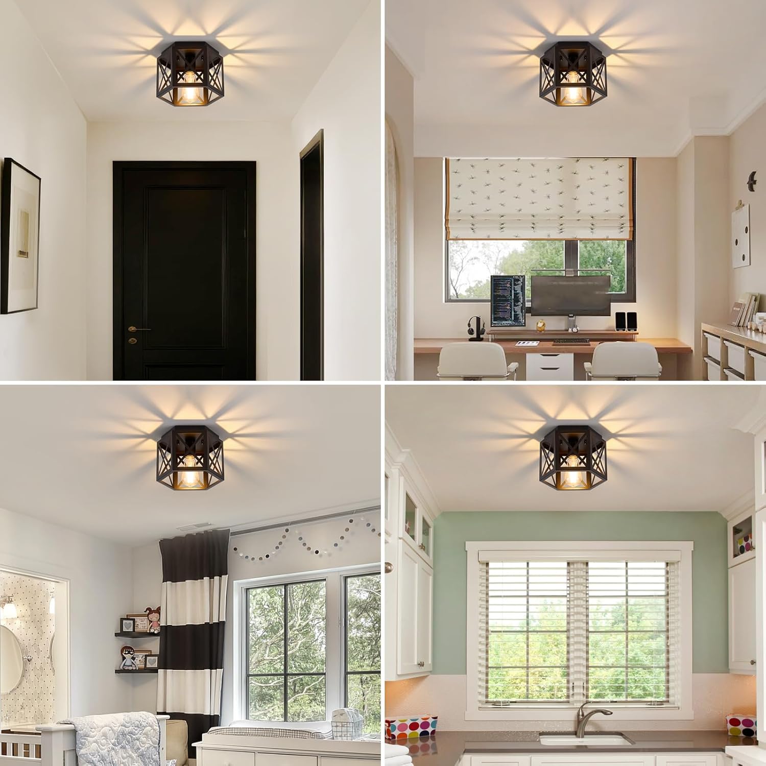 2 Pack Flush Mount Ceiling Light, 1-Light Black Light Fixtures Ceiling Mount, Small Flush Mount Lamp with Hexagonal Metal Cage, Farmhouse Chandeliers for Hallway Kitchen Sink Entryway Foyer