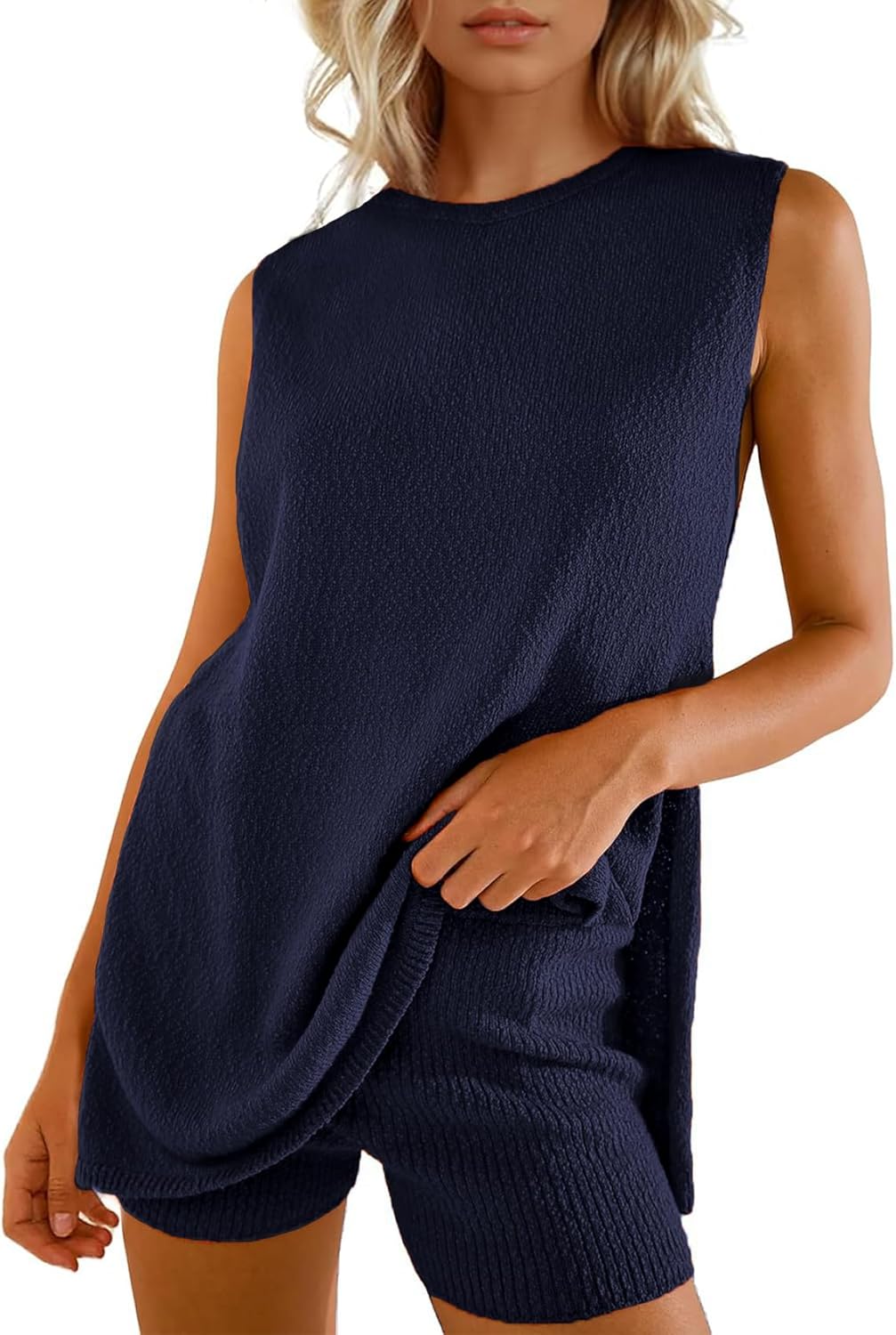 Wyeysyt 2 Piece Sets for Women Summer, Sweater Set Sleeveless Tunic Top and Shorts Beach Vacation Sets Tracksuits