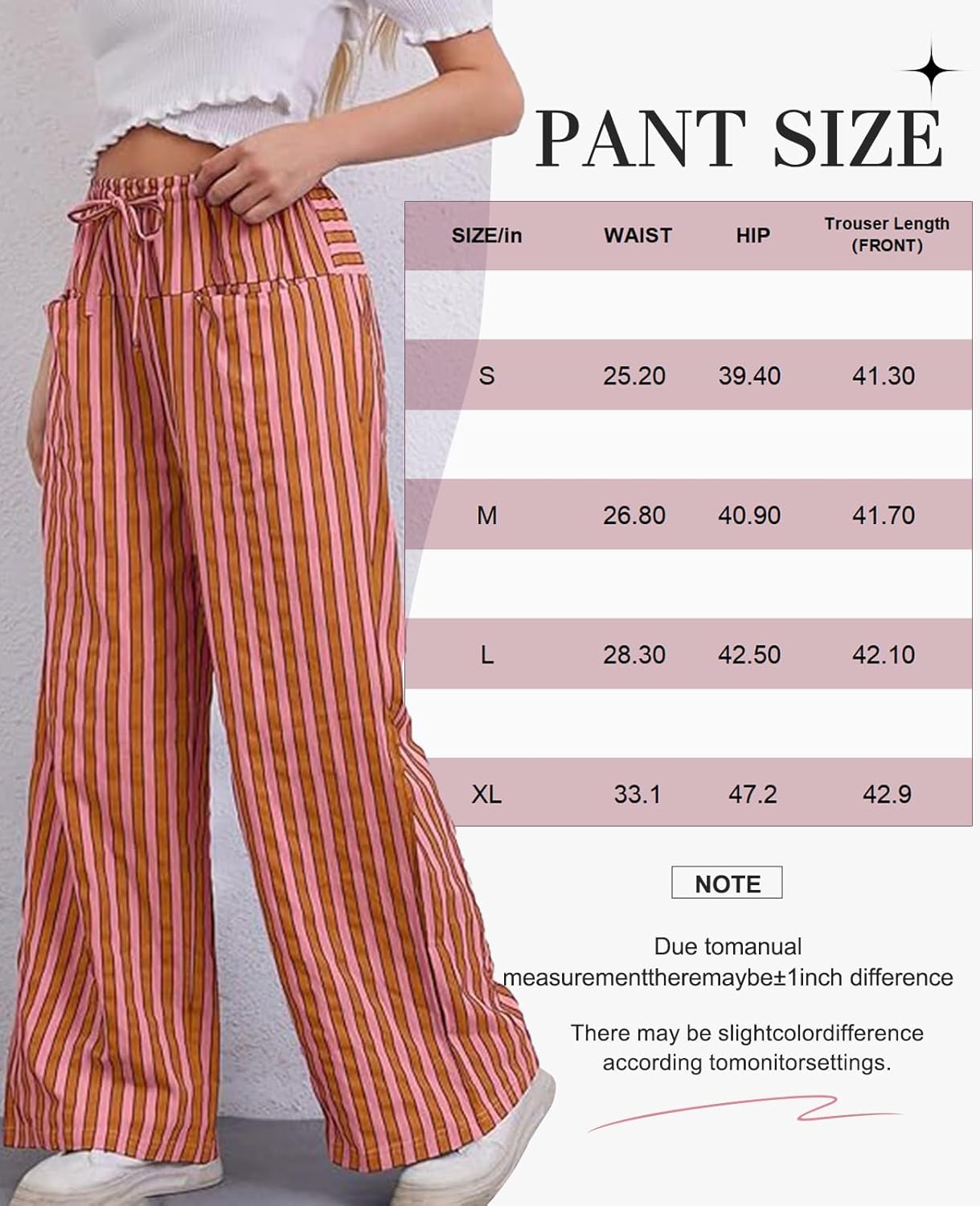 WOWULOVELY Women Casual Striped Drawstring Pants Wide Leg Pants with Pockets Elastic Trousers Loose Lounge Pajama(Orange-M) - Image 5