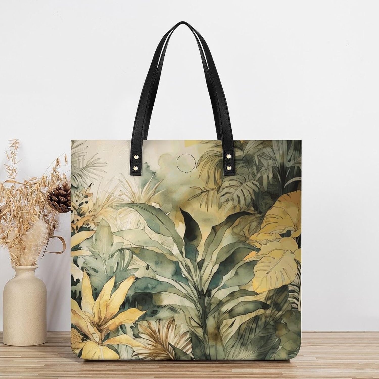 Ink Style Leaves Handbags Large Capacity, Tote Bag Stylish Slouchy, Shoulder Bags for Work Beach Travel And Shopping Grocery.