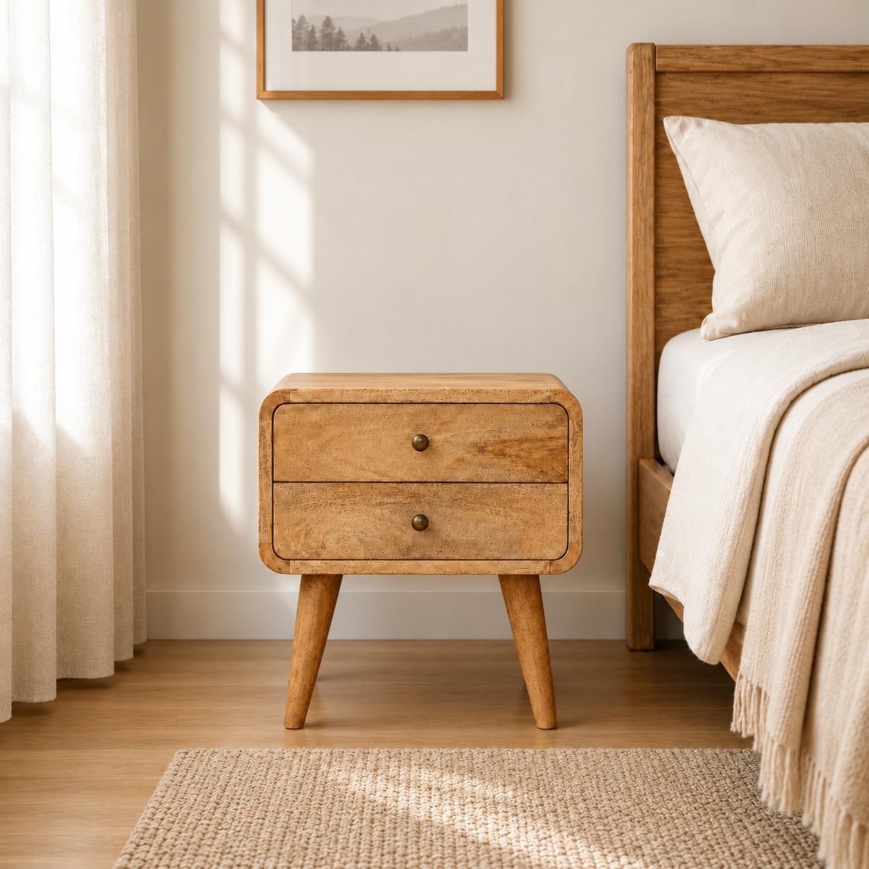 solid wooden bedside table with 2 drawer | wooden nightstand & end table for bedroom, livingroom, home & office (natural finish)