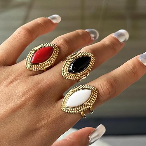 Miniatura 6 de Anillos gruesos de piedra natural, obsidiana negra, ágata roja, cornalina chapada en oro de 18 quilates, anillos de fiesta apilables para mujer