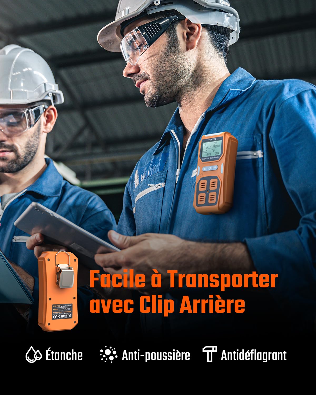 TopTes Guard-156 Détecteur 4 en 1 pour H2S, CO, Lie et O2, Triple Alarme (visuel, Vibration, sonore), réponse Rapide 0,5 s, Design Pratique et Anti-poussière pour sécurité au Travail et à Domicile
