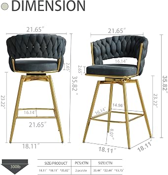 Swivel Bar Stools Set of 2, Modern 360 Swivel Bar Stools, 23 inch Modern Bar Chairs with Woven Back & Footrest, Counter Height Bar Stools for Kitchen Island, Cafe, Bar, Wet Counter