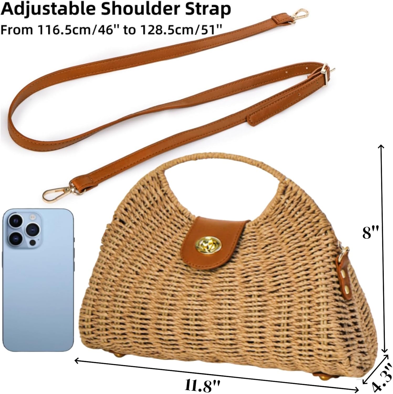 Straw Crossbody Bag for Women, Handwoven Rattan Beach Straw Purse with Handle, Detachable Strap, Fashionable Dumpling Bag Shoulder Handbag Clutch Purse for Travel, Holiday - Image 3