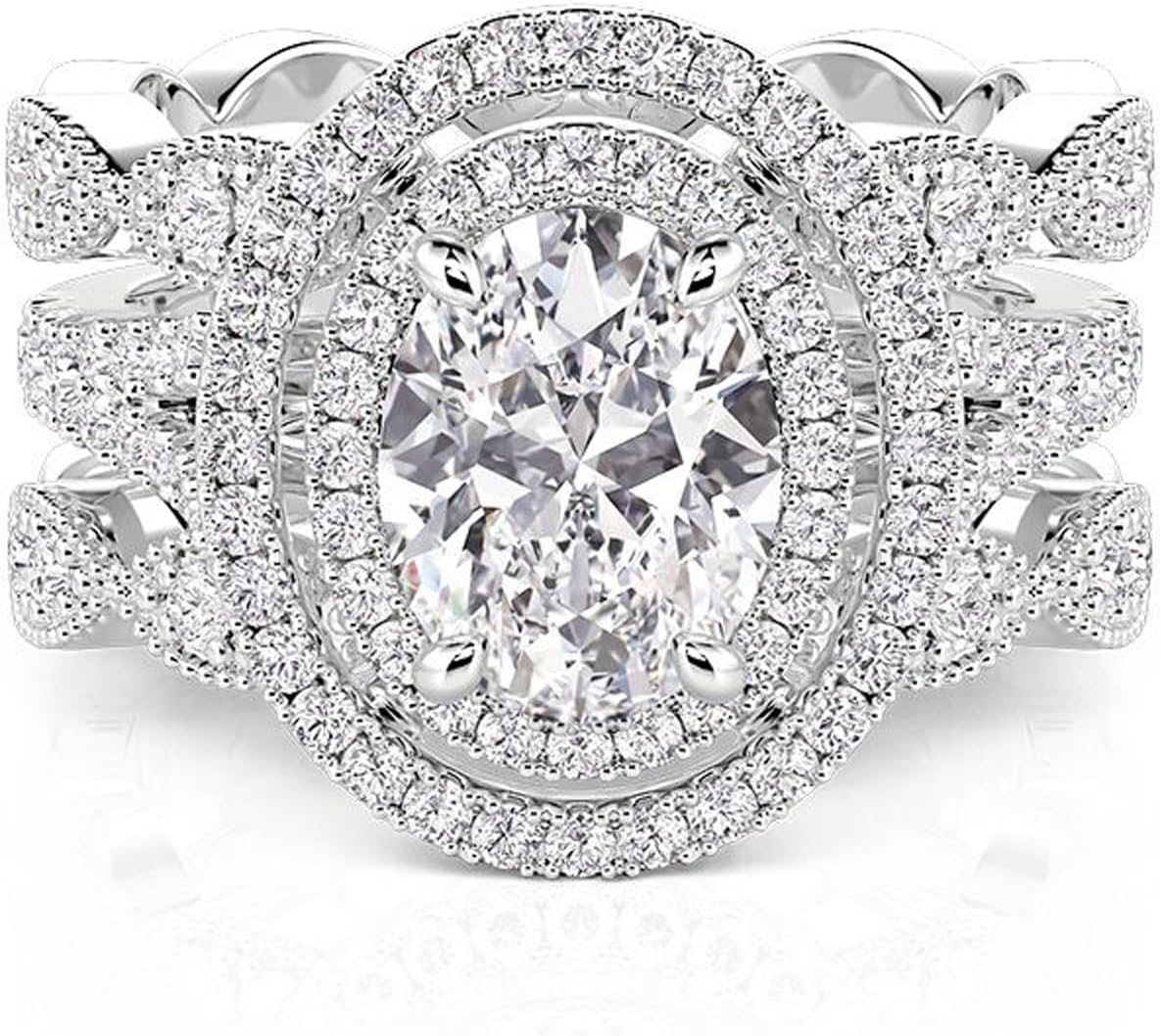 Jeulia 2PCS Interchangeable Twisted Engagement & Wedding Band Ring Set for Women Oval Cut Double Halo 925 Sterling Silver Bridal Set with 2ct Diamonds Anniversary Promise Gift with Jewelry Box