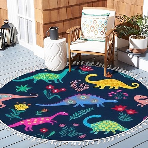 Miniatura 2 de Alfombras redondas de dinosaurios, lindos niños para niñas y niños, coloridos animales de dibujos animados en el área bohemia, alfombra de lino y