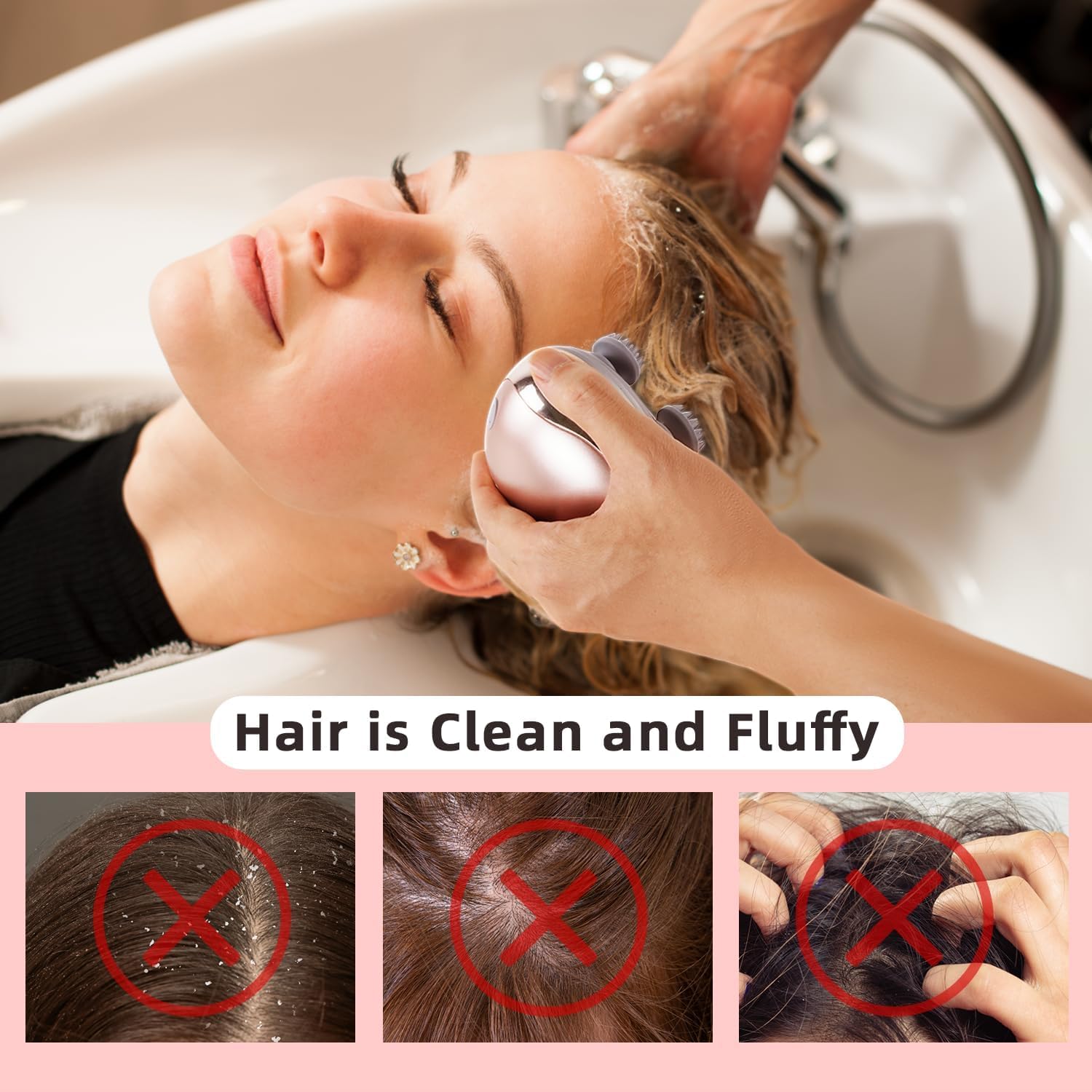 Woman washing her hair with the cotsoco massager, highlighting its waterproof feature.
