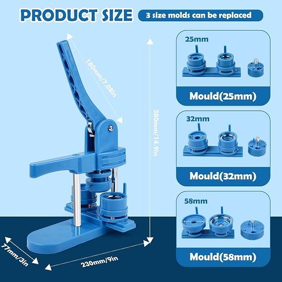 Button Maker Machine, 25mm/32mm/58mm DIY Pin Badge Maker 3 in 1 Round Badge Press Kit with 300pcs Button Parts for Gifts Pin Maker, Dark Blue