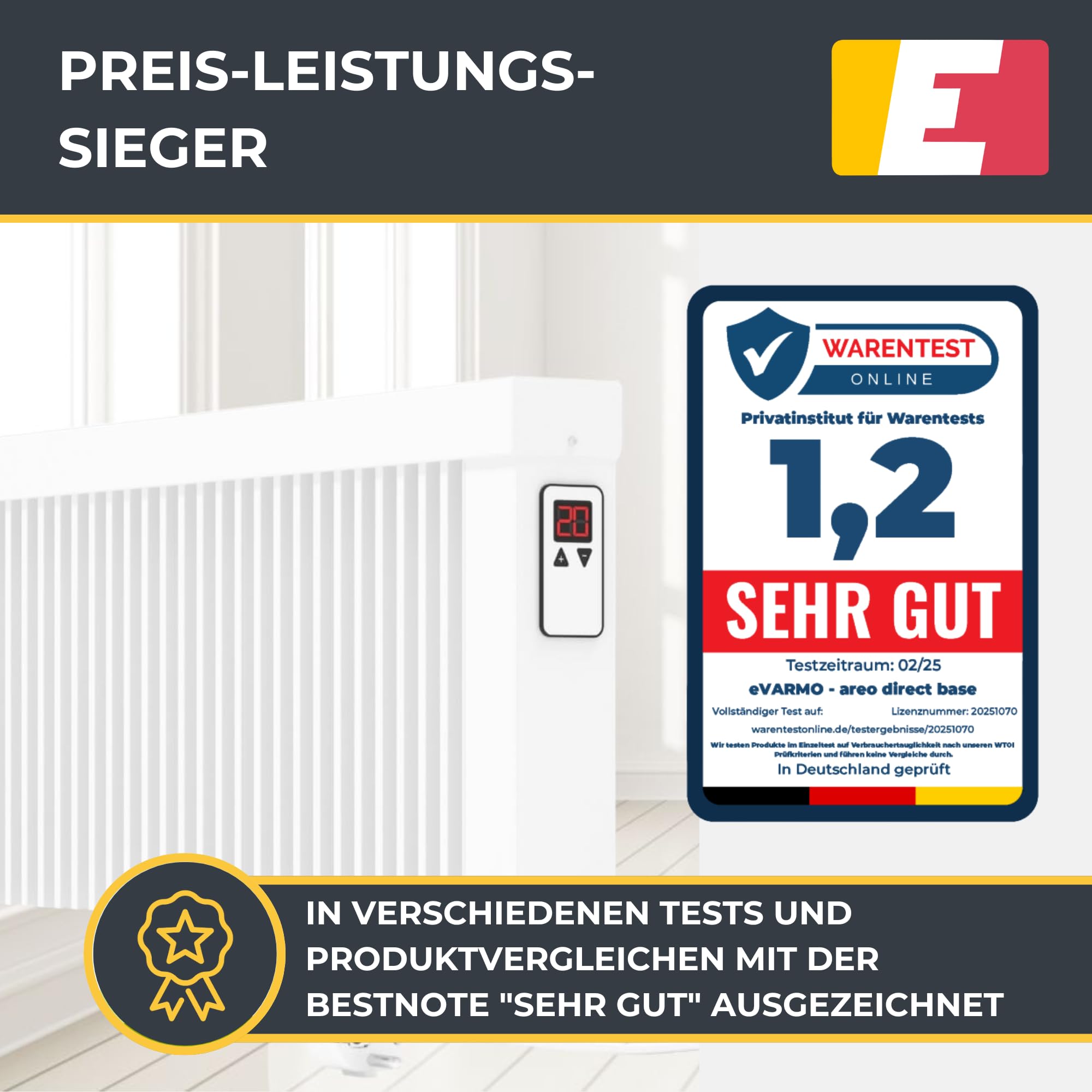 Areo Direct Base 800 W Elektroheizung – Elektrische Flächenspeicherheizung mit Schamottkern – Digitale Thermostatsteuerung mit App – WLAN-fähiger Heizkörper zur Wandmontage