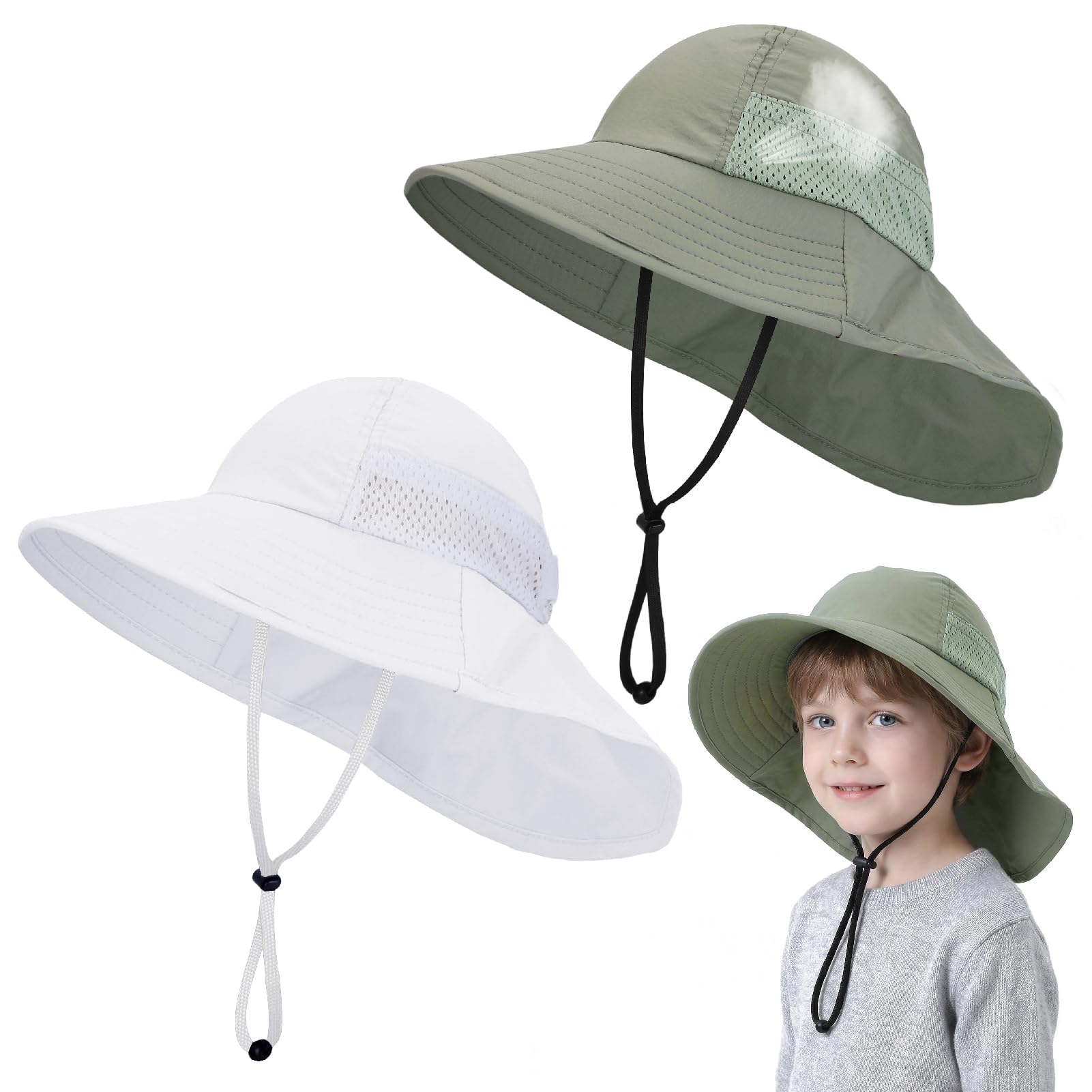 2 Pack Kids Sun Hat with Neck Flap, UV Protection 50+ Wide Brim Summer Beach Hat for Toddler Boys Girls