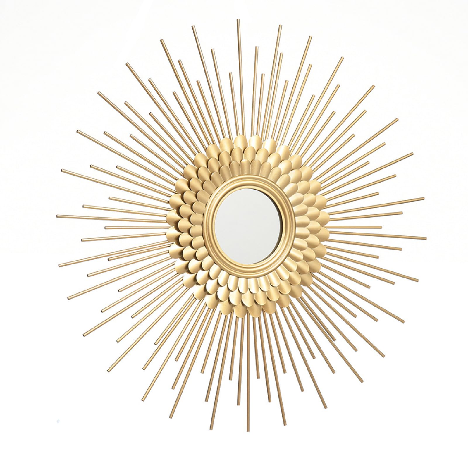 Złote lustro ścienne Sunburst, boho, dekoracyjne lustro akcentujące, nowoczesne, okrągłe, ręcznie wykonane, wiszące lustro do salonu, sypialni, łazienki, wejścia, 71 cm