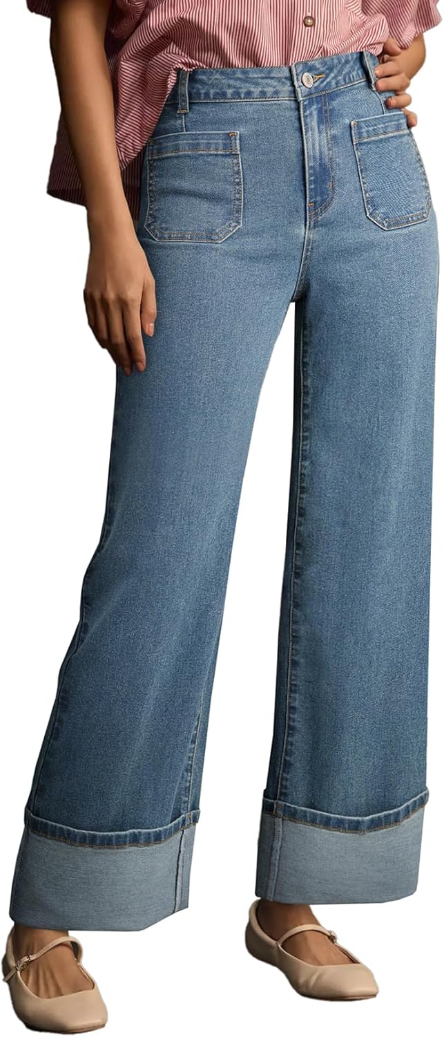 EVALESS Womens Jeans High Waisted Stretchy Cuffed Wide Leg Denim Pants with Pockets