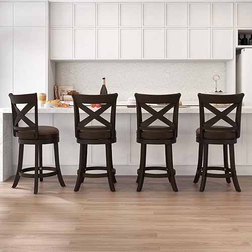 Miniatura 10 de COSTWAY Juego de 2 taburetes de bar, taburete giratorio de altura de mostrador con respaldo curvo, asiento de piel sintética y patas de madera de