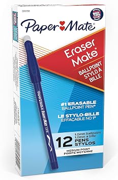 Paper Mate EraserMate Erasable Pens, Medium Point (1.0mm), Blue Ink, 12 Count - School Supplies, Allows for Quick Corrections