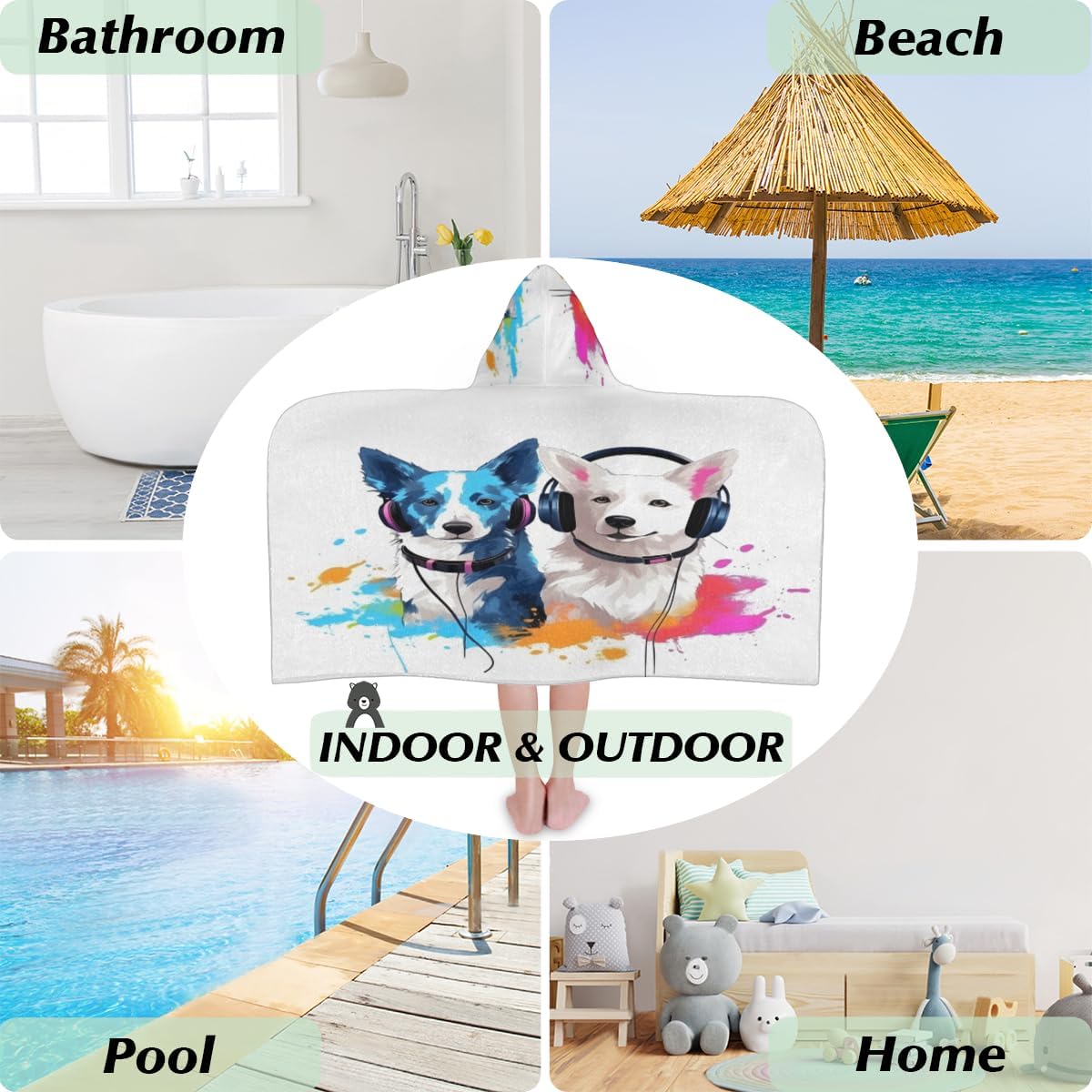 Pardick Kids Bath Towel Watercolor Dogs Beach Towel with Hood Pool Cover Up for Girls Boys Soft Absorbent Hooded Bath Towel Toddler Towels for Beach, Pool