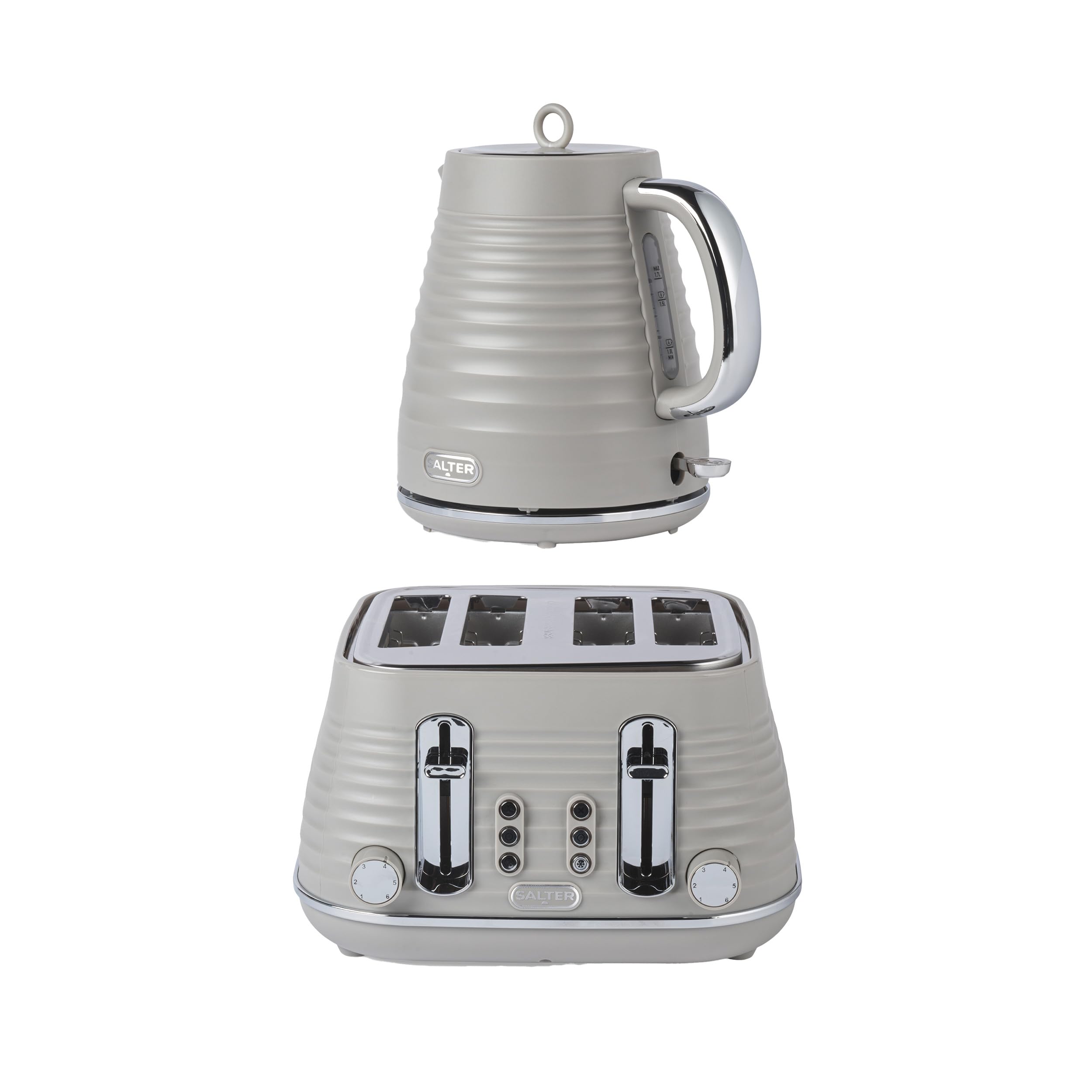Salter Ripple Taupe Toaster & Kettle Set – 4-Slice 1630W Toaster, 6 Browning Levels, Defrost/Reheat/Cancel, 1.7L Rapid Boil Kettle with Removable Limescale Filter, Auto Shut-Off, Textured Design — image 1
