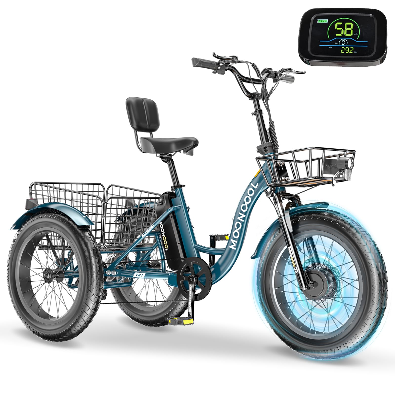 DoCred Electric Tricycle for Adults, 20" x 4" Fat Tire Electric Trike, 500W 48V Motorized Electric Bicycle Bikes, 7 Speeds 3 Wheels Ebike with Removable Battery, Aluminum Frame & Large Basket