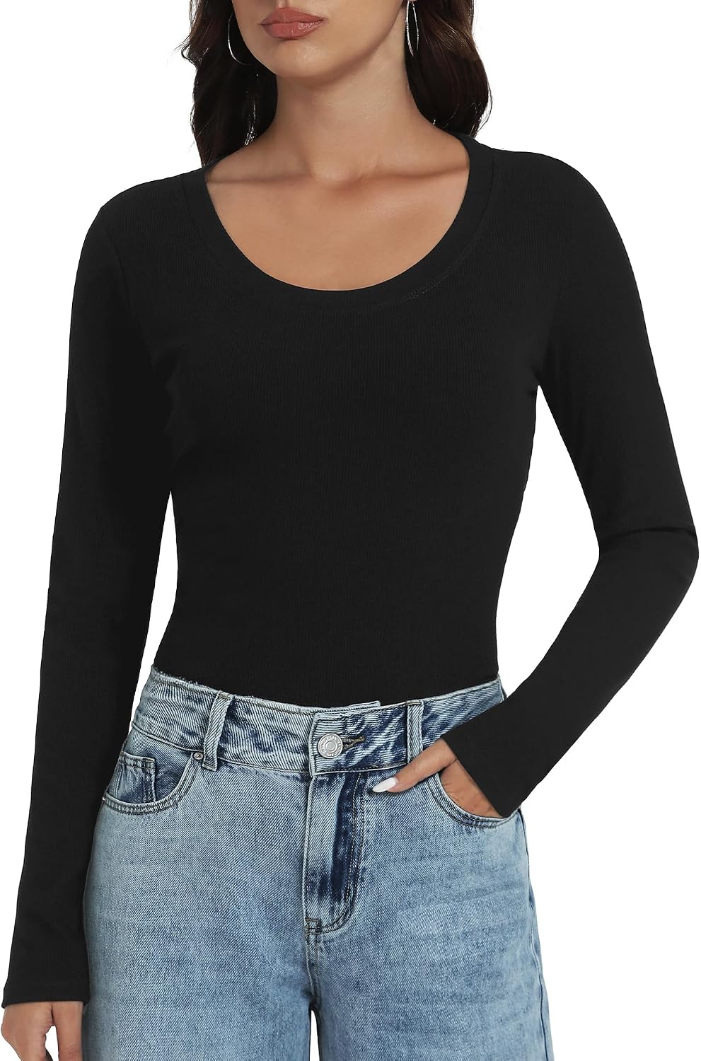 Women's Long Sleeve Shirts Scoop Neck Undershirt Ribbed Slim Fit Thermal Tops Going Out Base Layer Shirts