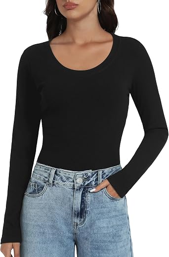 Womens Long Sleeve Shirts Scoop Neck Undershirt Ribbed Slim Fit Thermal Tops Going Out Base Layer Shirts