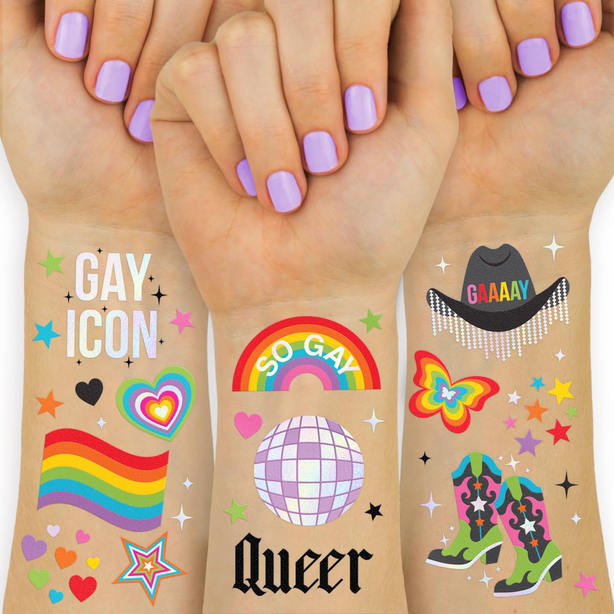 xo, Fetti 52pc Pride Temporary Tattoos - Iridescent Foil Pcs | Gay Decorations, LGBTQ Bachelorette, Rainbow Sticker Favors, Queer Party Decor