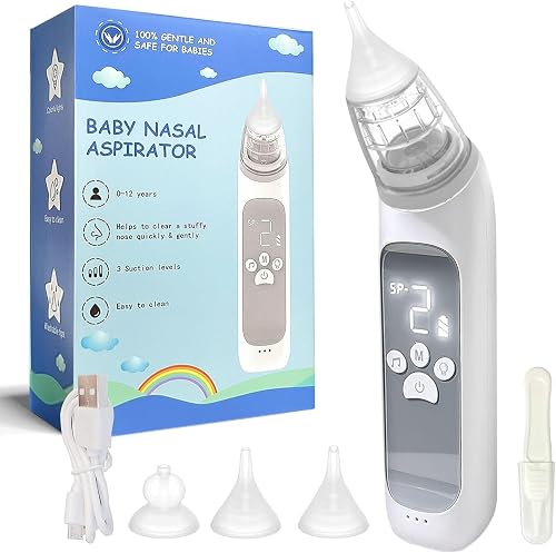 Nasal Aspirator, Snot Aspirator for Children, Automatic Snot Sucking with 3 Suction Levels and 3 Silicone Tips USB Charging Music Soothing Function and Seven Colour Lights