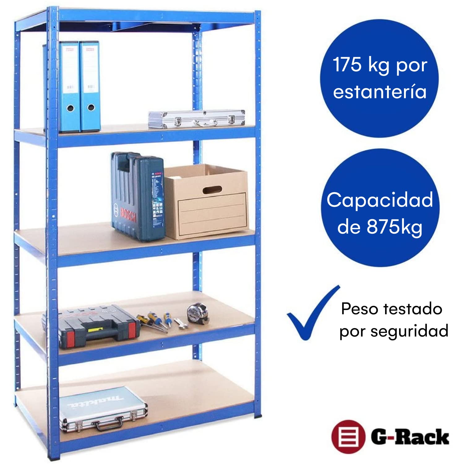 Estante de Almacenamiento para Garaje: 180 cm x 120 cm x 45 cm | Azul - 5 Estantes | 175 kg de Carga Cada balda (Capacidad para 875 kg) | Estantería para Garaje Muy Resistente - 5 Años de Garantía